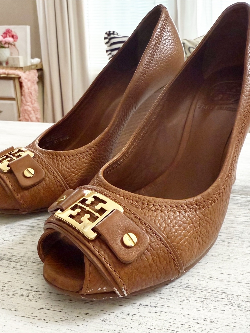 Tory Burch Brown Leather Peep-Toe Heels with Gold Logo Accent